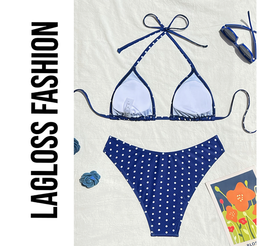 LaGloss® 2-Delige Bikini Set Blauw met Stippen – Comfortabele Zwemkleding voor Strand, Zwembad & Zeevakantie - Maat M