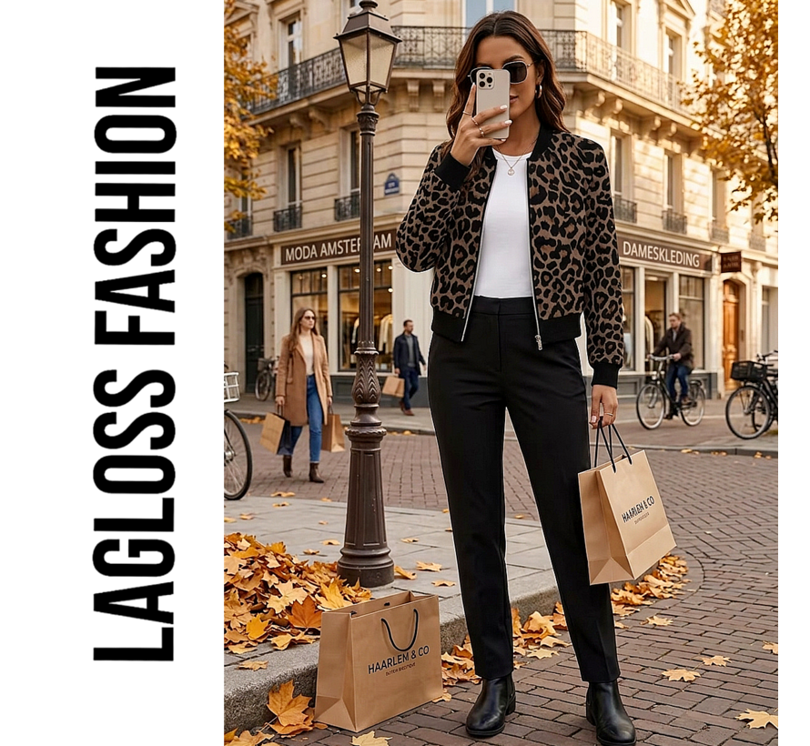 LaGloss® Dames Luipaardprint Bomberjack – Lichtgewicht Baseball Jasje – Lange Mouw & Ritssluiting – Maat L