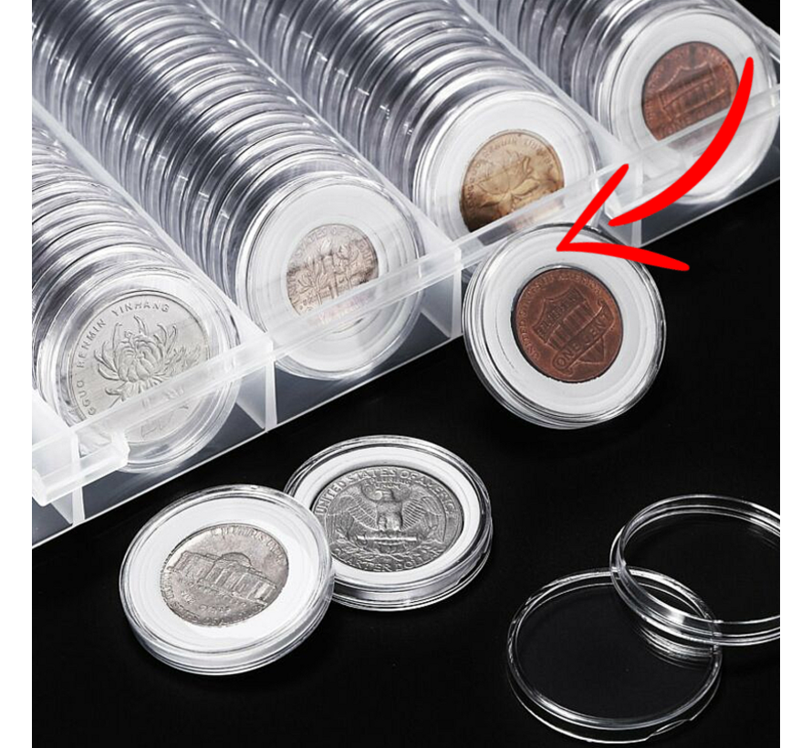 Allernieuwste 100 stuks Universele MUNTcapsules Ø 30mm tot Ø 17mm met Zachte WITTE BINNENRING in BOX - Transparant Glashelder - Munthouders voor gouden en zilveren munten, penningen, tokens - 17-30 mm