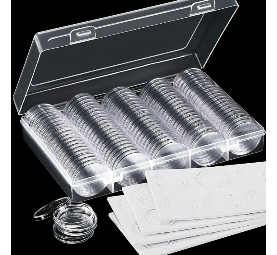 Allernieuwste 100 stuks Universele MUNTcapsules Ø 30mm tot Ø 17mm met Zachte WITTE BINNENRING in BOX - Transparant Glashelder - Munthouders voor gouden en zilveren munten, penningen, tokens - 17-30 mm