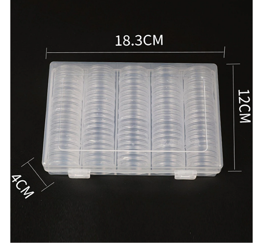 Allernieuwste 100 stuks Universele MUNTcapsules Ø 30mm tot Ø 17mm met Zachte WITTE BINNENRING in BOX - Transparant Glashelder - Munthouders voor gouden en zilveren munten, penningen, tokens - 17-30 mm