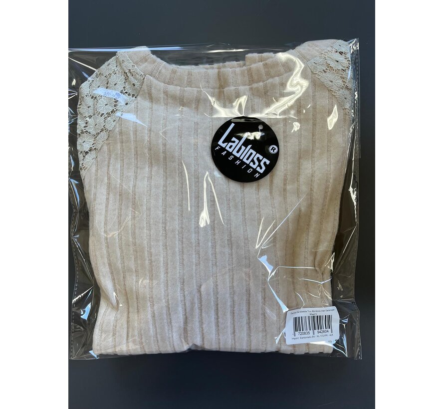 LaGloss® Dames Geribbelde Trui Abrikoos – Top met Kanten Details & Sierknopen en Lange Mouw - Maat S