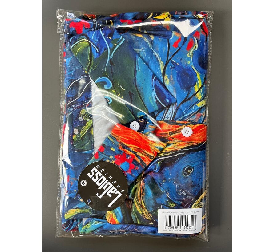 LaGloss® Dames Blouse Blauw met Artistieke Bloemenprint met Lange Mouwen - Maat XXL