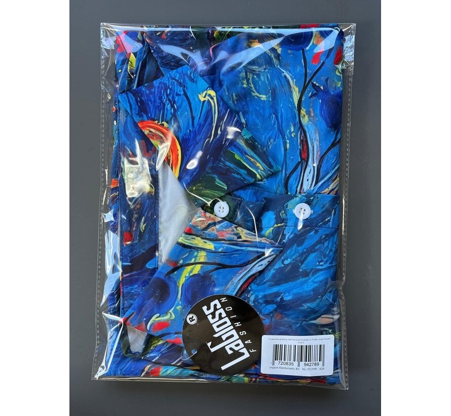 LaGloss® Dames Blouse Blauw met Artistieke Bloemenprint met Lange Mouwen - Maat S