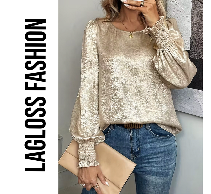 LaGloss® Dames Goud Metallic Blouse met Ronde Hals en Ballonmouwen – Chic – Casual - Lente/herfst /winter – Maat XL