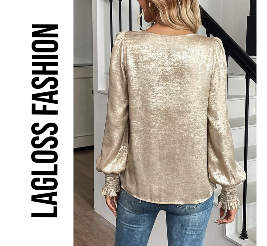 LaGloss® Dames Goud Metallic Blouse met Ronde Hals en Ballonmouwen – Chic – Casual - Lente/herfst /winter – Maat XL