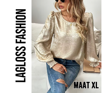 LaGloss Dames Goud Metallic Blouse met Ronde Hals en Ballonmouwen – Maat XL