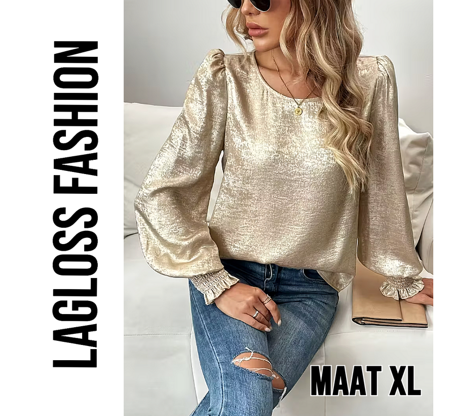 LaGloss® Dames Goud Metallic Blouse met Ronde Hals en Ballonmouwen – Chic – Casual - Lente/herfst /winter – Maat XL