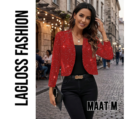 LaGloss LaGloss® Feestelijk Bolerojasje met Lange Mouwen Rood – Open Voorkant, Licht Elastisch, Perfect voor Kerst, Oud & Nieuw en Avondkleding-  Maat M