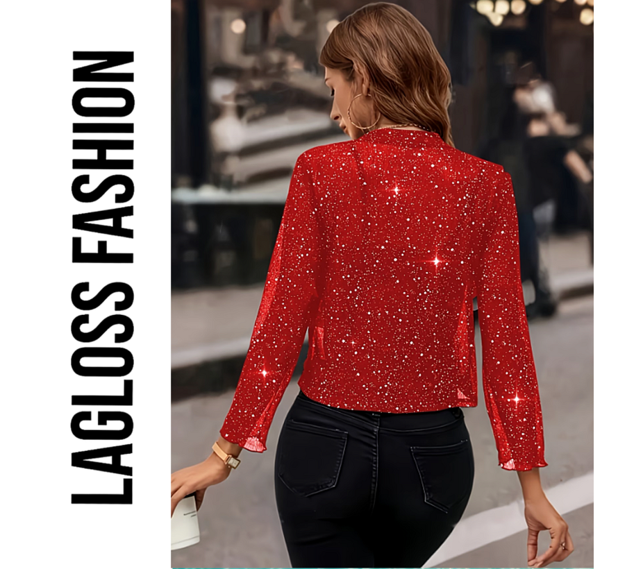 LaGloss® Feestelijk Bolerojasje met Lange Mouwen Rood – Open Voorkant, Licht Elastisch, Perfect voor Kerst, Oud & Nieuw en Avondkleding-  Maat M