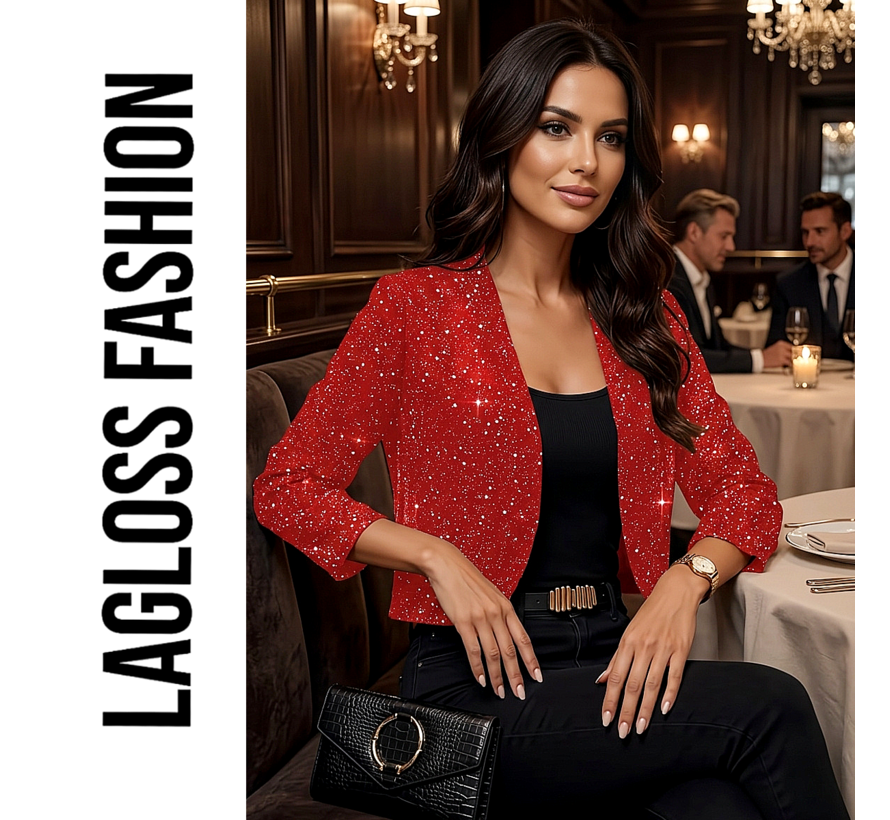 LaGloss® Feestelijk Bolerojasje met Lange Mouwen Rood – Open Voorkant, Licht Elastisch, Perfect voor Kerst, Oud & Nieuw en Avondkleding- Maat L