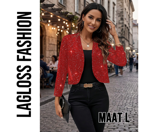 LaGloss LaGloss® Feestelijk Bolerojasje met Lange Mouwen Rood – Open Voorkant, Licht Elastisch, Perfect voor Kerst, Oud & Nieuw en Avondkleding- Maat L