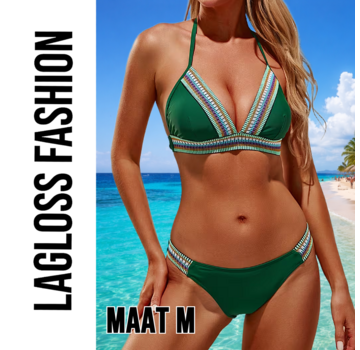 LaGloss Elegante 2-Delige Groene Bikini Set High Waist met Spaghettibandjes – Maat M