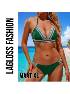 LaGloss Elegante 2-Delige Groene Bikini Set High Waist met Spaghettibandjes – Maat XL