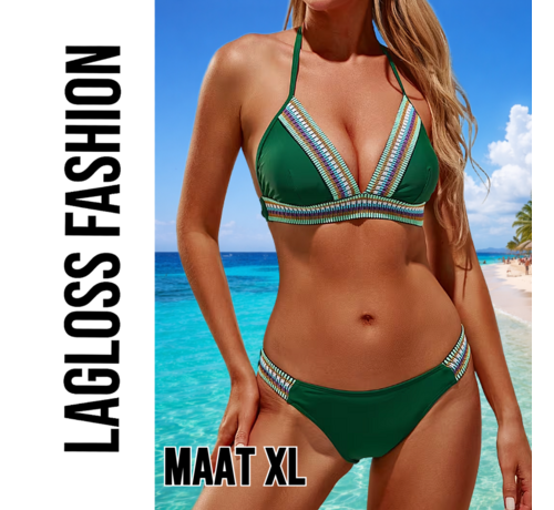 LaGloss LaGloss® Groene Bikini Set – Elegante 2-Delige High Waist Bikini met Spaghettibandjes – Hoog Elastische Zwemkleding - Maat XL