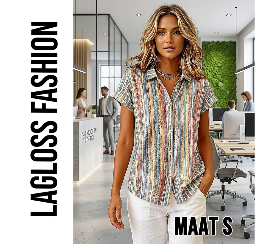 LaGloss® Special Edition Vintage Gestreepte Blouse Dames – Kleurrijk Overhemd met Korte Mouwen – Maat S