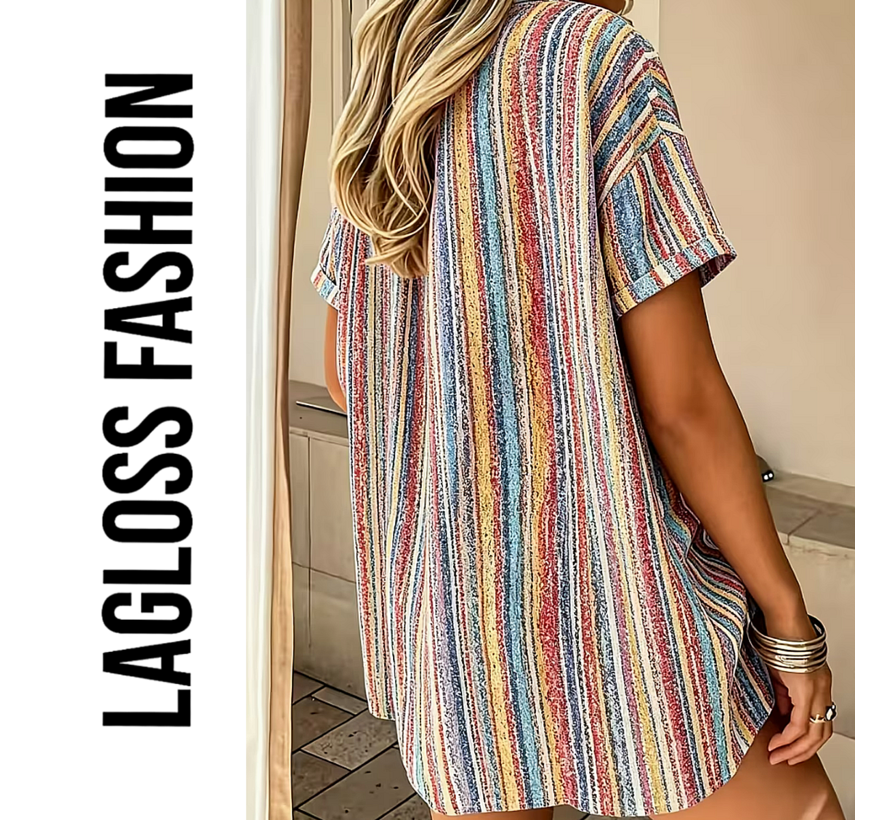 LaGloss® Special Edition Vintage Gestreepte Blouse Dames – Kleurrijk Overhemd met Korte Mouwen – Maat S