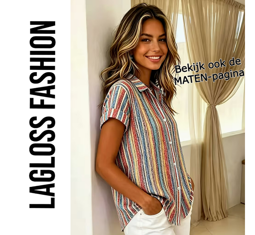 LaGloss® Special Edition Vintage Gestreepte Blouse Dames – Kleurrijk Overhemd met Korte Mouwen – Maat M