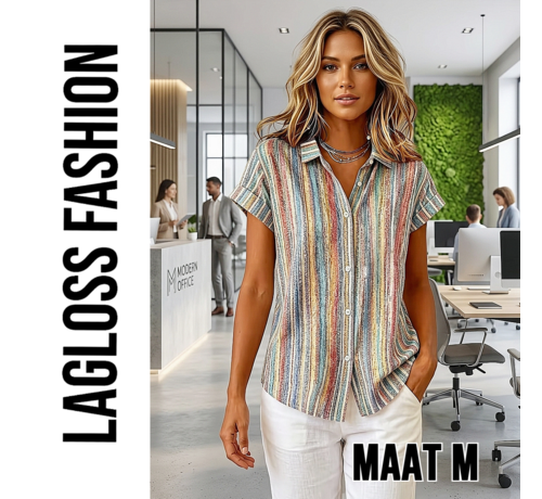 LaGloss LaGloss® Special Edition Vintage Gestreepte Blouse Dames – Kleurrijk Overhemd met Korte Mouwen – Maat M