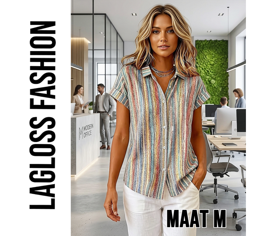 LaGloss® Special Edition Vintage Gestreepte Blouse Dames – Kleurrijk Overhemd met Korte Mouwen – Maat M