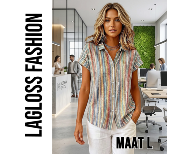 LaGloss Vintage Gestreepte Blouse Dames met Korte Mouwen – Maat L
