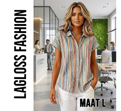 LaGloss LaGloss® Special Edition Vintage Gestreepte Blouse Dames – Kleurrijk Overhemd met Korte Mouwen – Maat L
