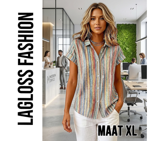 LaGloss LaGloss® Special Edition Vintage Gestreepte Blouse Dames – Kleurrijk Overhemd met Korte Mouwen – Maat XL