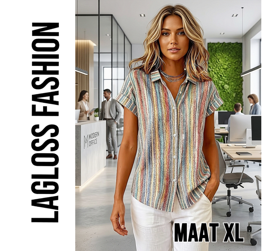 LaGloss® Special Edition Vintage Gestreepte Blouse Dames – Kleurrijk Overhemd met Korte Mouwen – Maat XL