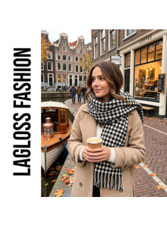 LaGloss Geruite Warme Sjaal Dames Zwart Wit Pied-de-Poule met Franjes – 190 x 27 cm