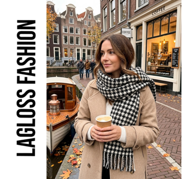 LaGloss Geruite Warme Sjaal Dames Zwart Wit Pied-de-Poule met Franjes – 190 x 27 cm
