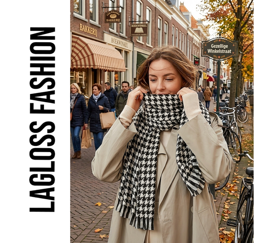 LaGloss® Geruite Sjaal Dames Zwart Wit Pied-de-Poule – Warme Wintersjaal met Franjes – 190 x 27 cm