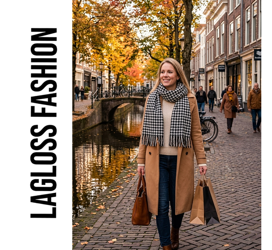 LaGloss® Geruite Sjaal Dames Zwart Wit Pied-de-Poule – Warme Wintersjaal met Franjes – 190 x 27 cm