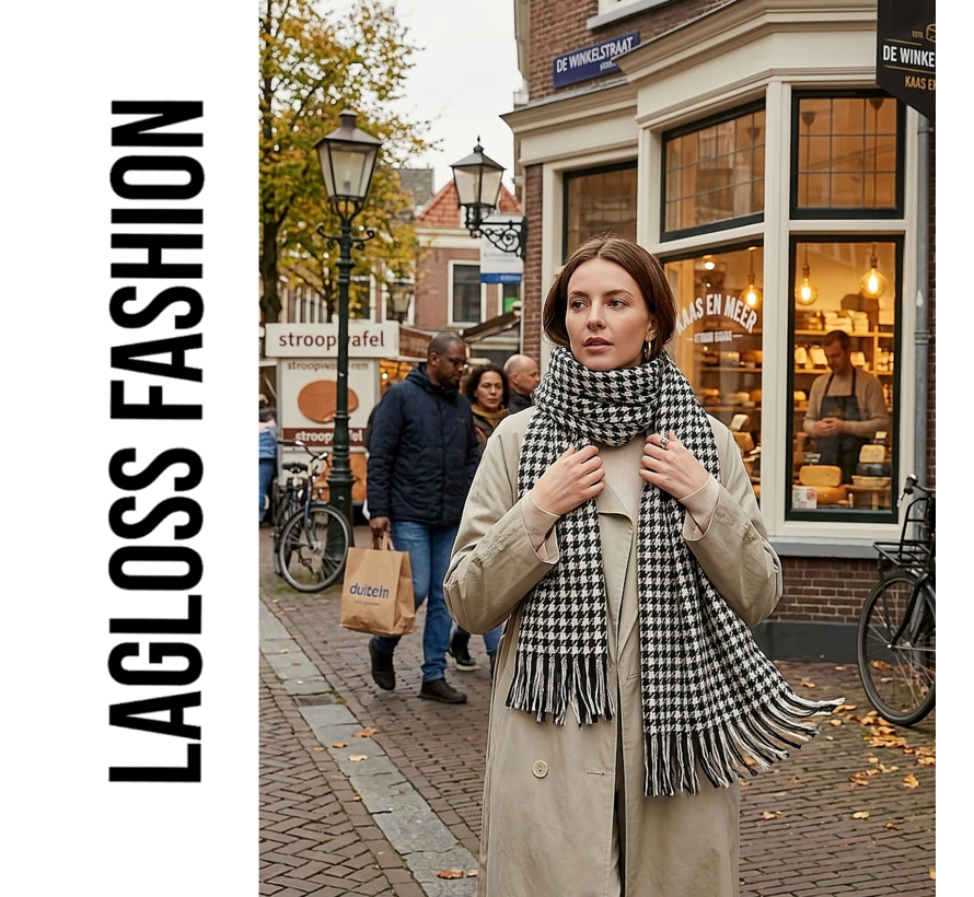 LaGloss® Geruite Sjaal Dames Zwart Wit Pied-de-Poule – Warme Wintersjaal met Franjes – 190 x 27 cm