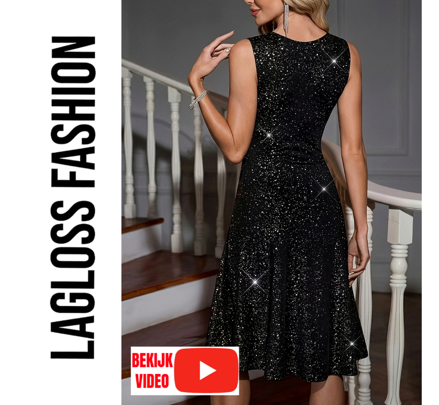 LaGloss® Feestelijke Zwarte Avondjurk – Elegante Slim-Fit Feestjurk met Zilveren Glinstering – Maat M