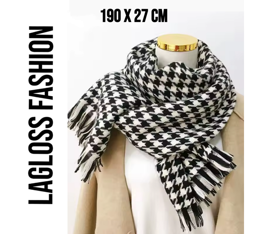 LaGloss® Geruite Sjaal Dames Zwart Wit Pied-de-Poule – Warme Wintersjaal met Franjes – 190 x 27 cm