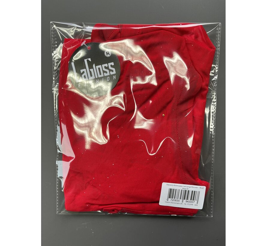 LaGloss® Feestelijk Bolerojasje met Lange Mouwen Rood – Open Voorkant, Licht Elastisch, Perfect voor Kerst, Oud & Nieuw en Avondkleding-  Maat M
