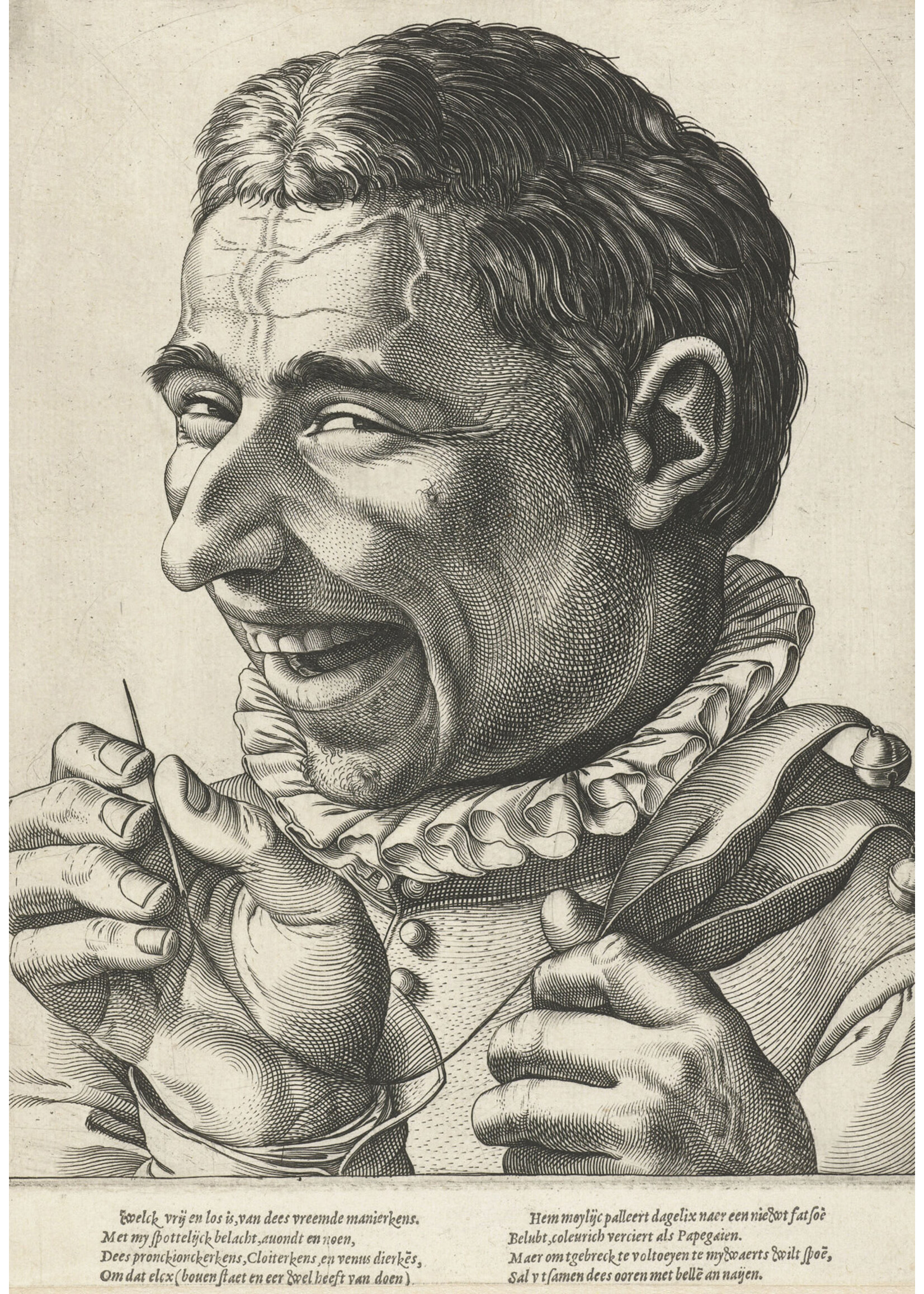 krasse koppen Hendrick Goltzius, Laughing Jester with Needle and Thread, c. 1590-1610