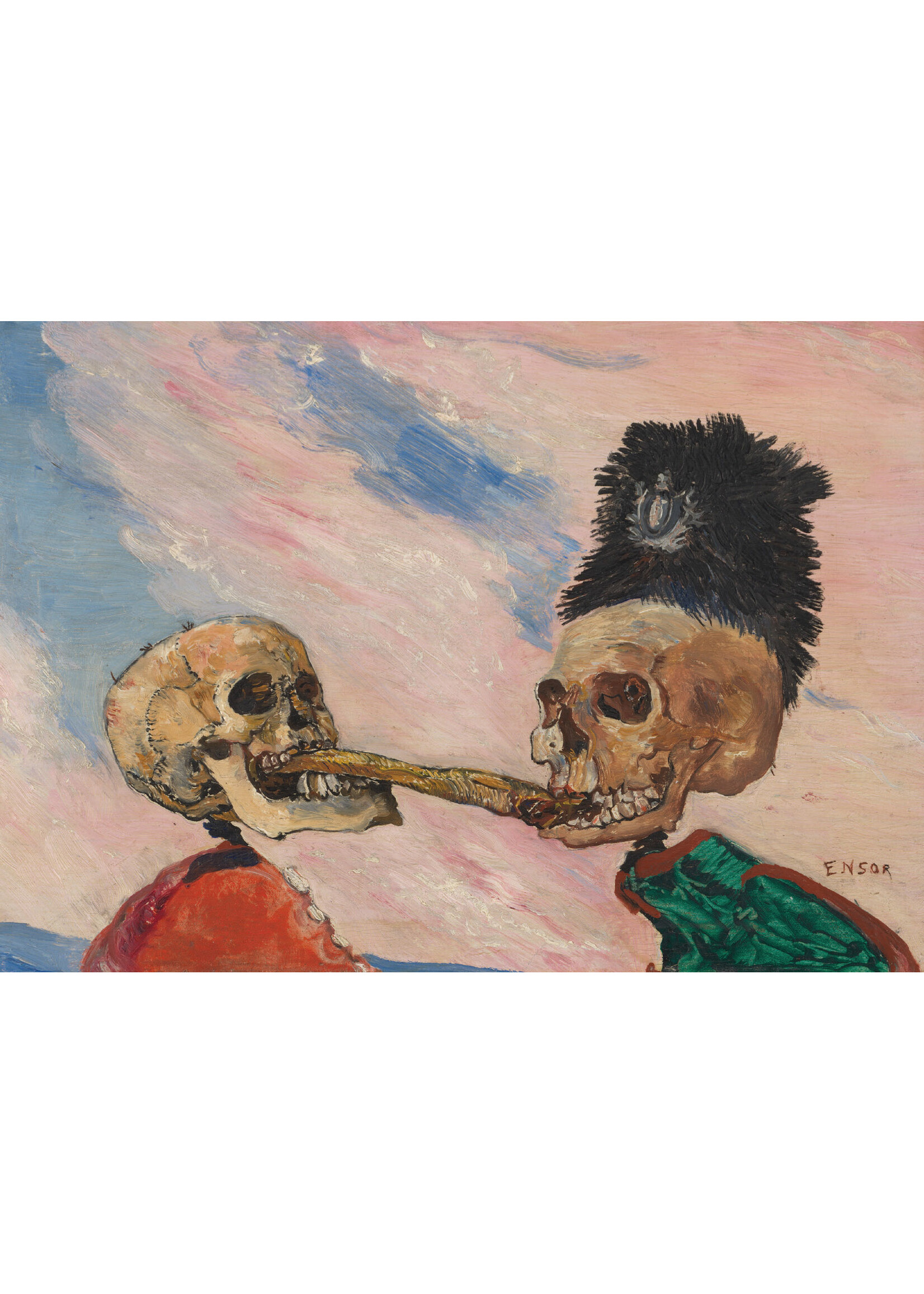 Postcard Ensor Skeletons bickering over a buckling