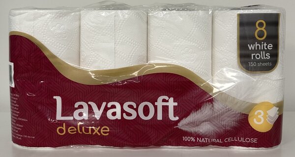 Lavasoft LAVASOFT Deluxe 3 Laags WC Rol Cellulose 100% 8-PAK Lavasoft LAVASOFT Deluxe 3 Laags WC Rol Cellulose 100% 8-PAK