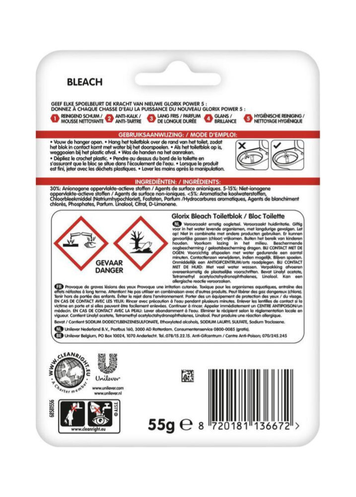 Glorix Glorix WC Blok Power 5 Met Bleek - 55 g Glorix Glorix WC Blok Power 5 Met Bleek - 55 g