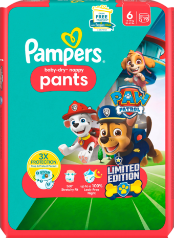 Pampers Pampers baby-dry broek maat 6 (14-19kg) Paw Patrol 19 stuks Pampers Pampers baby-dry broek maat 6 (14-19kg) Paw Patrol 19 stuks