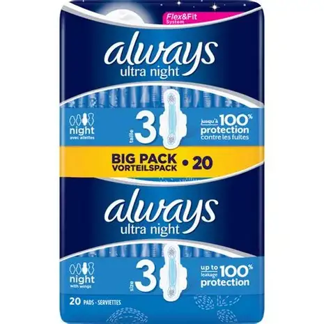 Always Always Ultra Night Maandverband met Vleugels – 20 stuks voor ultieme nachtelijke bescherming en comfort Always Always Ultra Night Maandverband met Vleugels – 20 stuks voor ultieme nachtelijke bescherming en comfort