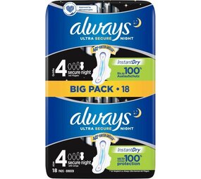 Always Always Ultra secure Night Maandverband met vleugels - 18 stuks Always Always Ultra secure Night Maandverband met vleugels - 18 stuks