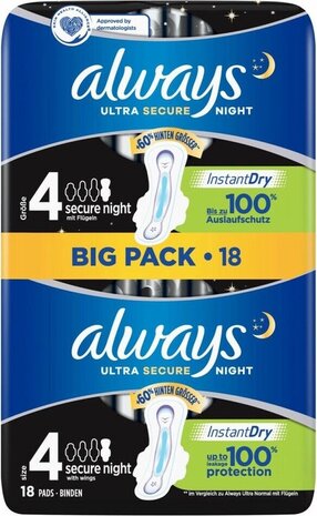 Always Always Ultra Secure Night Maandverband met Vleugels – 18 stuks voor ultieme nachtelijke bescherming en comfort Always Always Ultra Secure Night Maandverband met Vleugels – 18 stuks voor ultieme nachtelijke bescherming en comfort