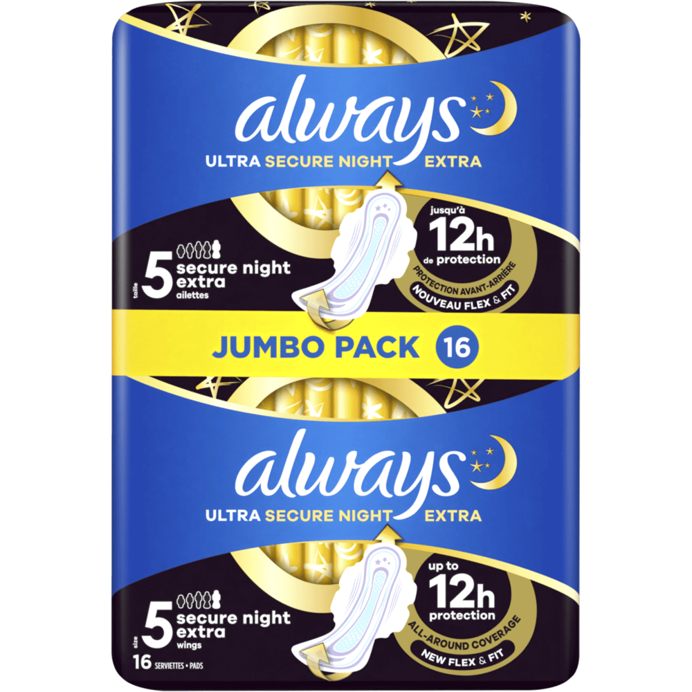 Always Always Ultra Secure Night Maandverband met Extra Vleugels – 16 stuks voor ultieme nachtelijke bescherming en comfort