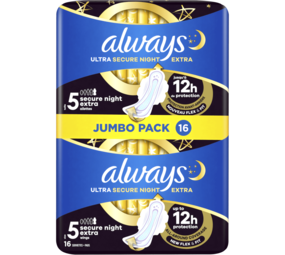 Always Always Ultra secure Night Maandverband met extra vleugels - 16 stuks Always Always Ultra secure Night Maandverband met extra vleugels - 16 stuks