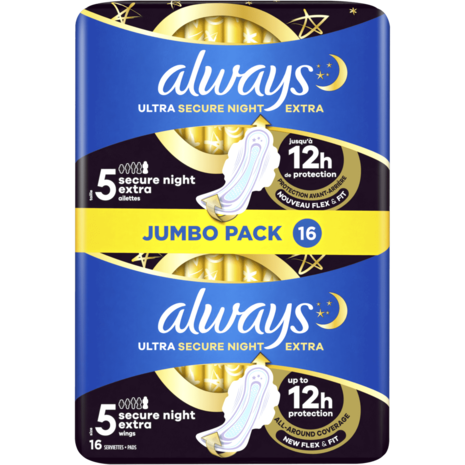 Always Always Ultra Secure Night Maandverband met Extra Vleugels – 16 stuks voor ultieme nachtelijke bescherming en comfort