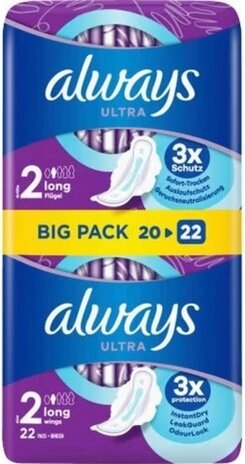 Always Always Ultra Night Maandverband met Vleugels – 22 stuks (20+2 bonus) voor ultieme nachtelijke bescherming en comfort