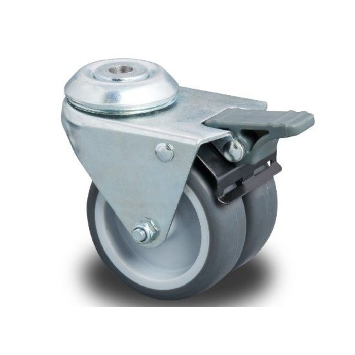Dubbel zwenkwiel met rem 50 mm - boutgat - 80 kg