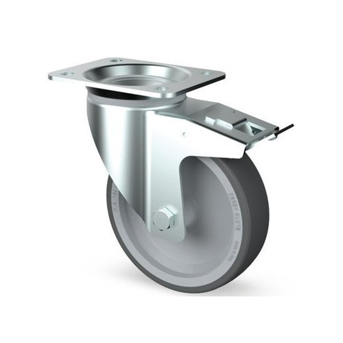 Rubber zwenkwiel met rem 200 mm - rollager - 200 kg